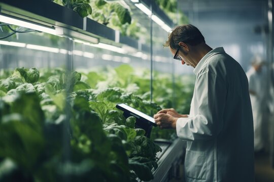 Agricultural agronomists monitor the production of crops grown using hydroponic systems. Farmer team working on vegetable greenhouse farming