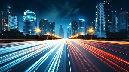 Road light in city, night megapolis highway lights of cityscape , megacity traffic with highway road motion lights, long exposure photography. - obrazy, fototapety, plakaty