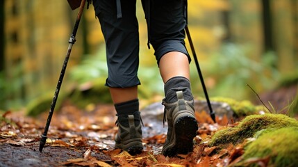 Excursionista caminando por un bosque en otoño con sus palos de trekking
