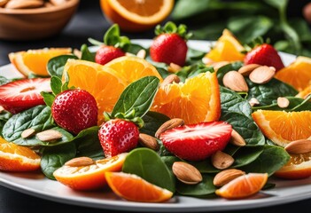  A zesty fruit salad with layers of spinach leaves, sliced strawberries, sliced oranges, and sliced almonds.. Generative AI