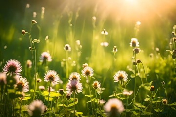 The landscape of white daisy blooms in a field, with the focus on the setting sun. The grassy meadow is blurred, creating a warm golden-hour effect during sunset