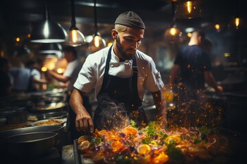 Chef in a busy restaurant kitchen, skillfully preparing a dish with the blurred motion of cooking...