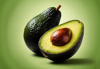 avocado sliced in half, revealing its creamy flesh and large pit. Generative AI - obrazy, fototapety, plakaty