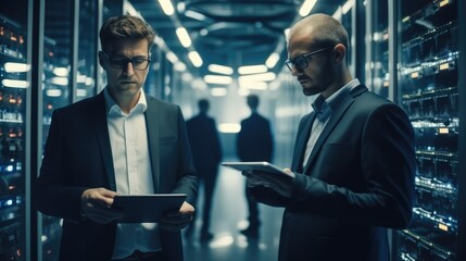 Two colleagues are working in a data center. They are using machine learning algorithms to process.