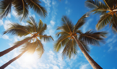 Fototapeta premium Looking up at palm trees swaying against a brilliant blue sky