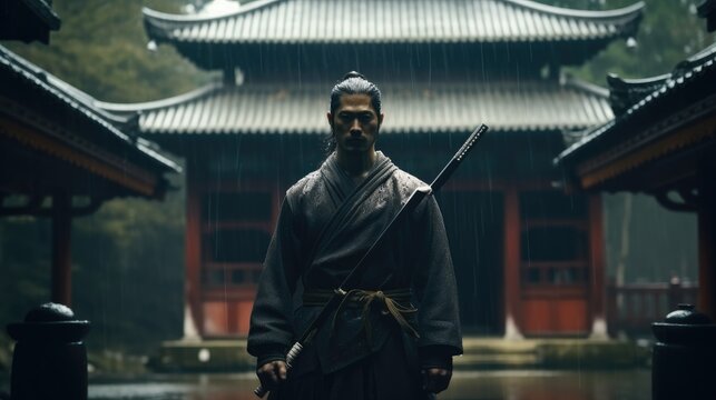 Traditional of Japanese, Epic samurai with a weapon sword standing in front of a old temple.