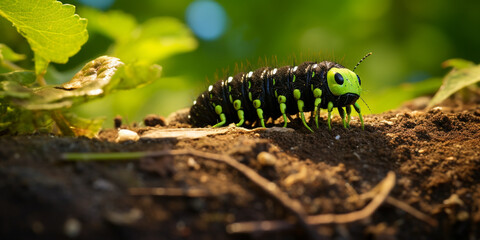 photo illustration of caterpillars on wooden twigs.generative AI