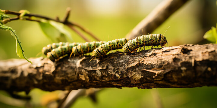 photo illustration of caterpillars on wooden twigs.generative AI