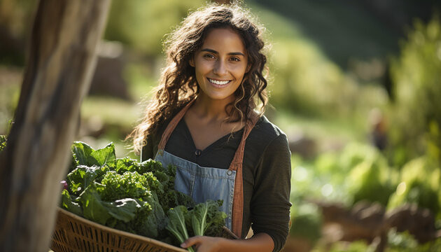 Woman holding a basket of green vegetables, created with ai generative technology