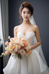 Naklejka premium Beautiful bride Asian woman in white wedding dress.