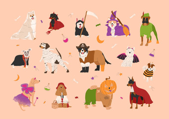 Halloween set with dogs in cute Halloween costumes. Trick or treat. Happy Halloween vector illustration. Isolated object for stickers, greeting card and your celebrating design