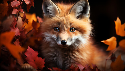 Naklejka premium Cute small fox in autumn forest, fluffy fur, looking at camera generated by AI