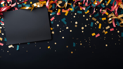 Top View of Black Background with Slate Board and Confetti