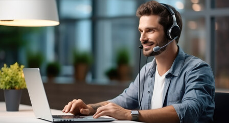 Call center operator. Professional customer support wearing microphone headset working in the office as a telemarketing customer service agent. - obrazy, fototapety, plakaty