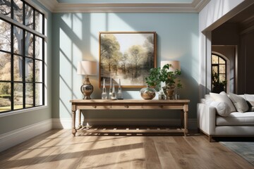 Welcoming entryway with a stylish console table, a mirror, and decorative accents, Generative AI