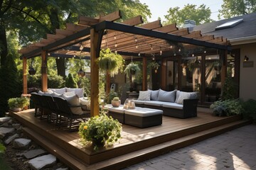 Well-designed outdoor deck with a pergola, lounging area, and greenery, Generative AI