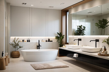 The foundation of a modern bathroom lies in a palette of neutral and calming colors, Generated AI illustration.