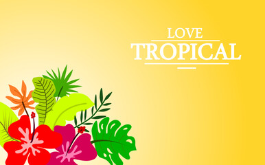 Fototapeta premium Luxury tropical design template on orange background. Exotic leaves and flowers design for cosmetics, spa, perfume, salon, travel agency, florist shop, soap, card, brochure. Elegant design vector.