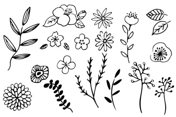 シンプルな手描きの植物と花のイラストセット（線画）