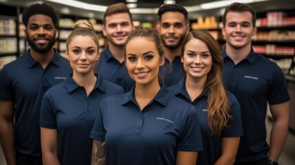 Group portrait of staff at distribution warehouse.