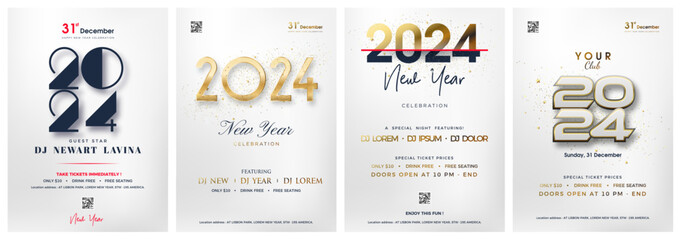 Happy new year 2024 invitation. With a white background with unique and modern numbers. Premium vector design for happy new year 2024 celebration.