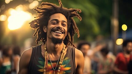 Portrait of a young man having fun in a reggae music festival.