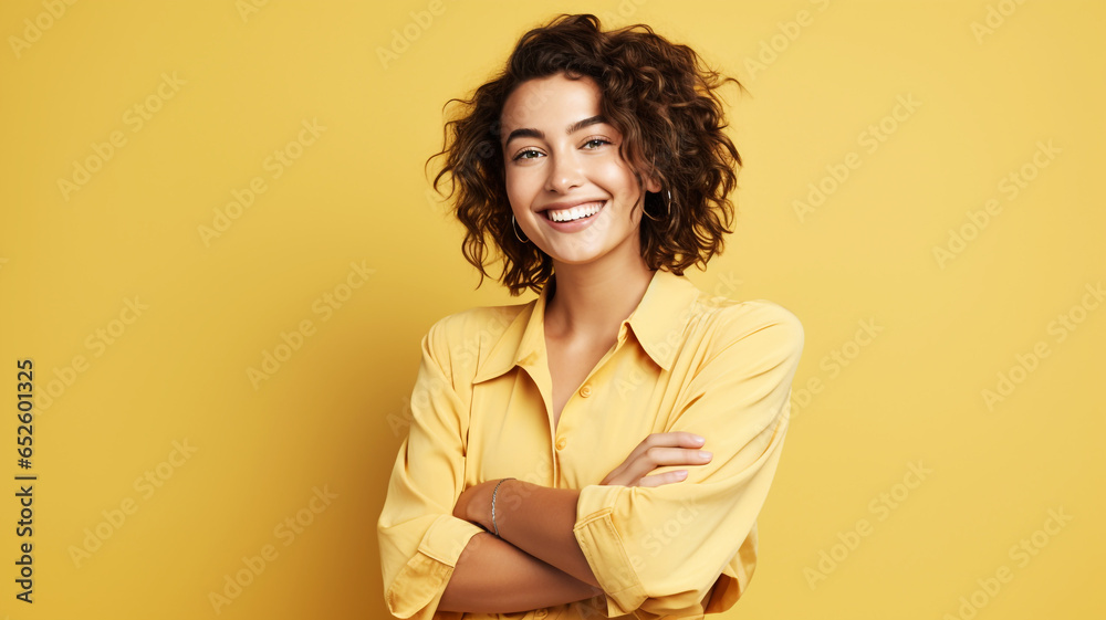 Wall mural Happy young woman on a yellow background