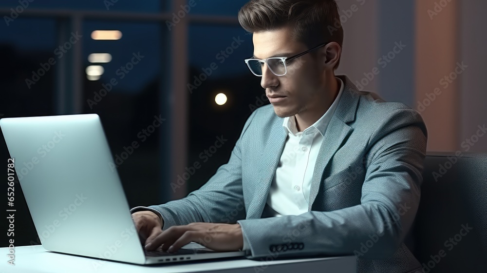 Leinwandbilder Business man using laptop for coding at modern workplace, Software development and programming script in cyberspace.