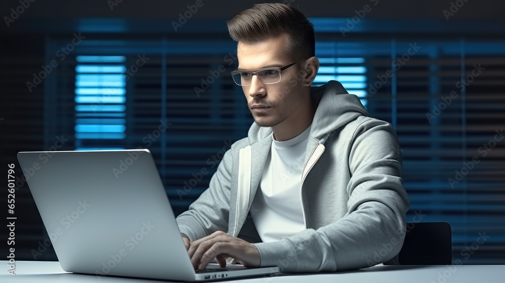 Poster Business man using laptop for coding at modern workplace, Software development and programming script in cyberspace.