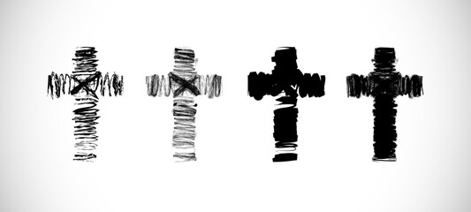Jesus cross. Set of artistic sketches. Hand drawing style. Black and white concept. Brushing stroke template. Christian church logo element. T shirt graphic idea. Abstract crosses. Grunge design.