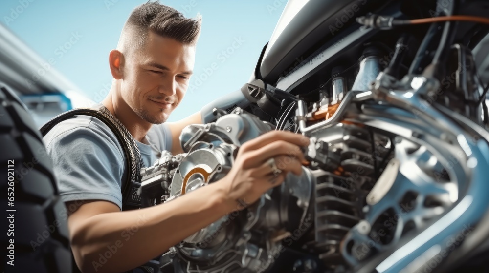 Poster man mechanic repair motorcycle and checking list of prescribed maintenance tasks.