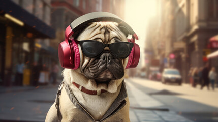 A stylish dog rocking shades and earphones,  strutting its stuff on a city sidewalk