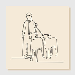 Continuous single one line sketch hand drawn drawing of muslim man with goat, sheep, lamb for islamic sacrifice event . Vector illustration