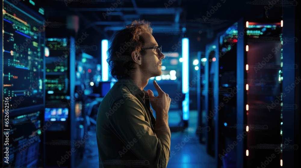 Fototapete Man IT Administrator thinking about activating supercomputer server cabinets in data center.