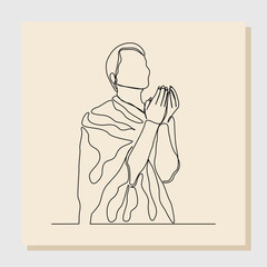 Continuous single one sketch hand drawn line drawing of muslim man praying in hajj ihram uniform. One line art concept of islamic. Vector illustration