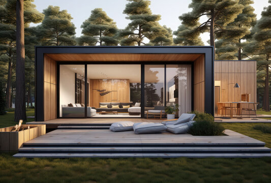 3d rendering of a modern house with sliding doors and a small yard