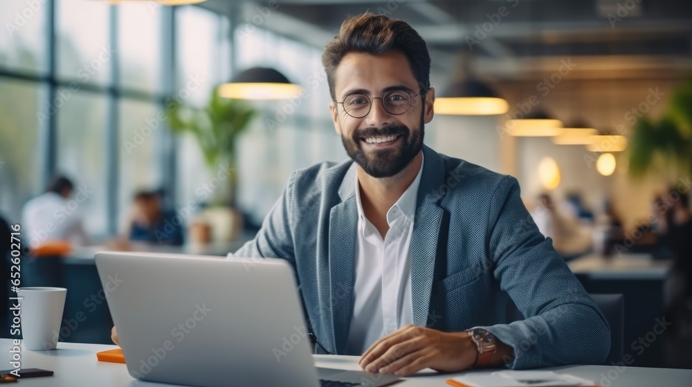 Poster businessman does data analysis and creative design in modern office using laptop, e-commerce startup
