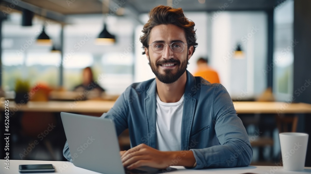 Aufkleber businessman does data analysis and creative design in modern office using laptop, e-commerce startup