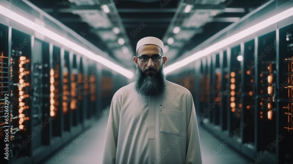 Leinwandbilder muslim it engineer standing in a room data center with operational server racks.