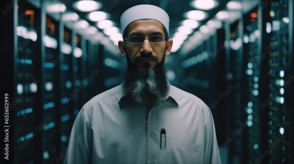 Leinwandbilder muslim it engineer standing in a room data center with operational server racks.