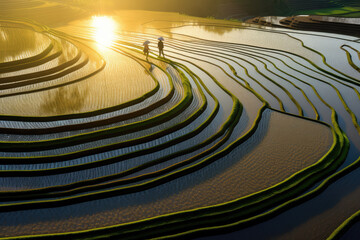 Fototapeta na wymiar asian rice farmers, sunset landscape
