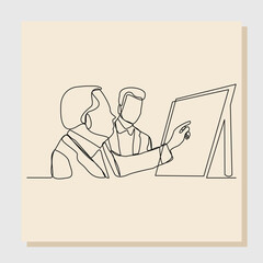 Continuous single one line sketch hand drawn drawing of business employee worker presentation in meeting. Vector illustration
