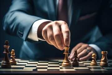 Close-up of businessman playing chess. Business strategy and leadership concept