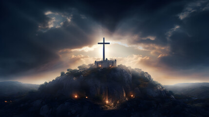 Holy cross symbolizing the death and resurrection of Jesus Christ with The sky over Golgotha Hill , shrouded in light and clouds