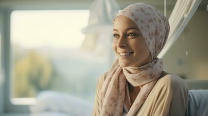 Patient in hospital with headscarf - obrazy, fototapety, plakaty