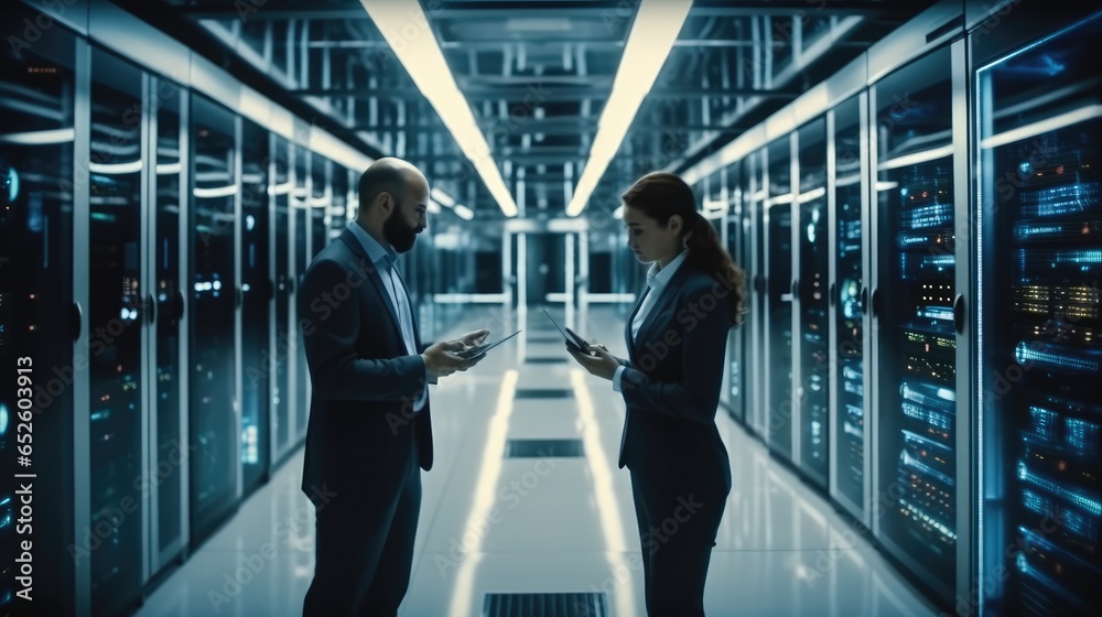 Poster male and female it engineers checking servers in server room with help of tablet.