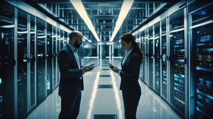 Male and female IT engineers checking servers in server room with help of tablet.