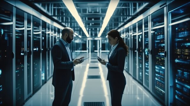 Male and female IT engineers checking servers in server room with help of tablet.