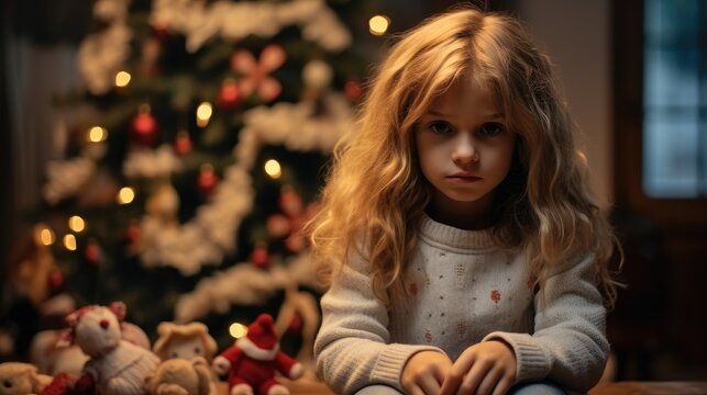 Cute little child feeling unhappy with bad holiday present, Christmas lonely unhappy little girl.
