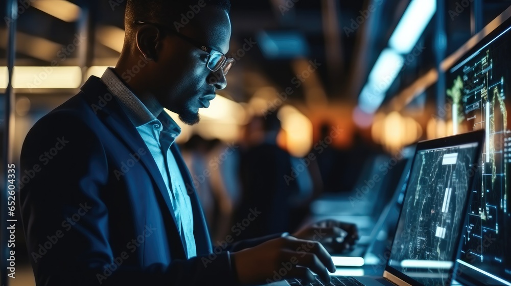 Fototapete African American IT man with laptop checks the operation of servers and automation in the server room, Collection and storage of large amounts of data.